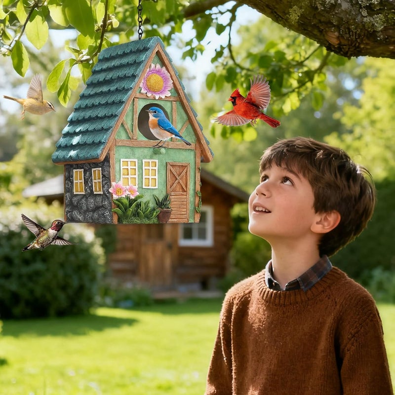 MINWOLF Bird Houses for Outside Cottage-Style Hanging Birdhouse with Flower Accents – Hand-Painted Resin Decorative Birdhouses for Outdoors for Bluebird Finches Cardinals Bird Nesting Garden, Patio, Yard - Image 5